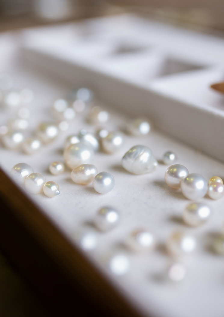An assortment of Australian pearls, grown at both our Cygnet Bay and Broken Bay pearl farm, sit of a tray ready to be inspected during a Pearl grading experience available at Broken Bay Pearl Farm.
