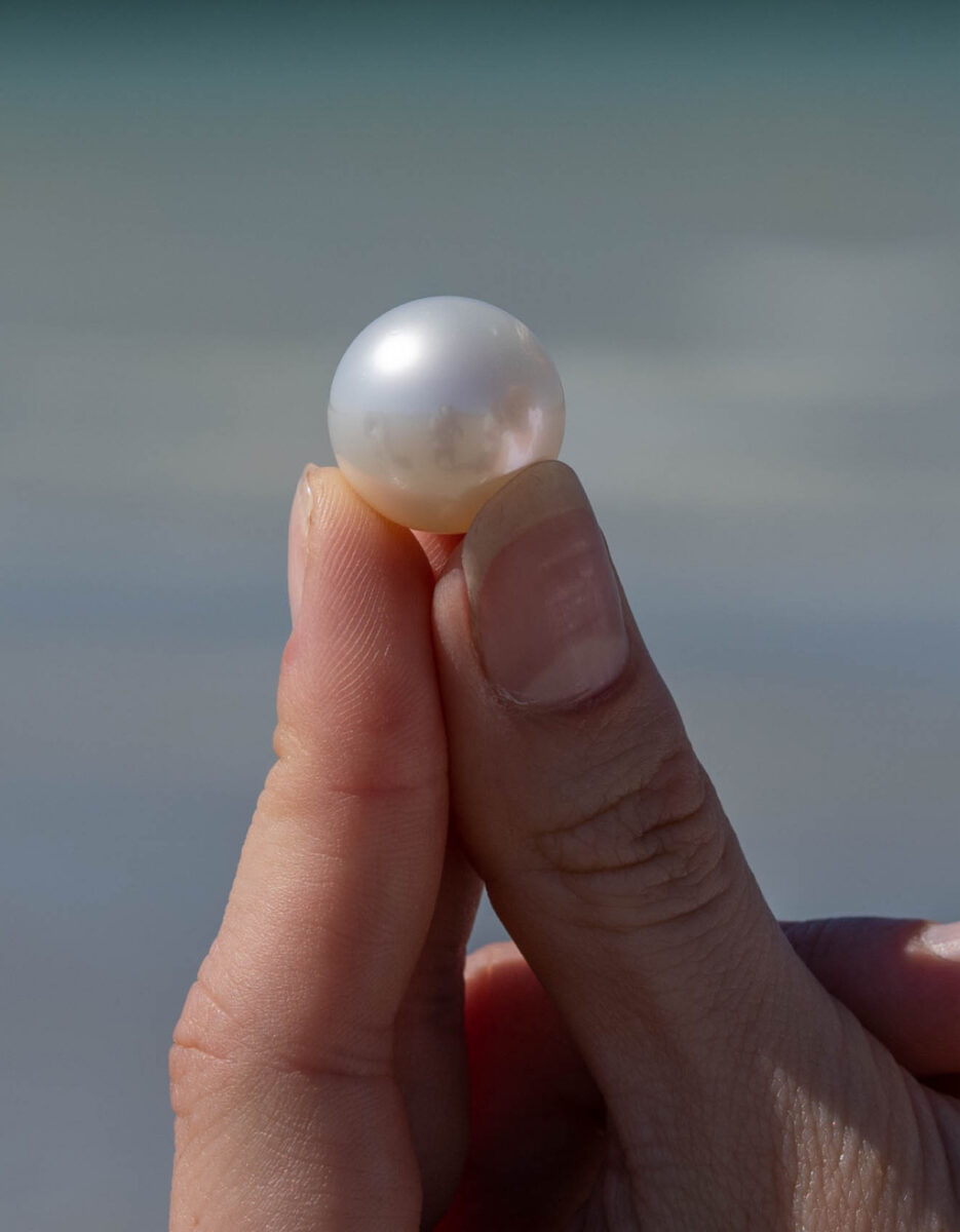An individual holds an Australian South Sea Pearl between their thumb and pointer finger. It shines in the sunlight, showing its natural colour and lustre.