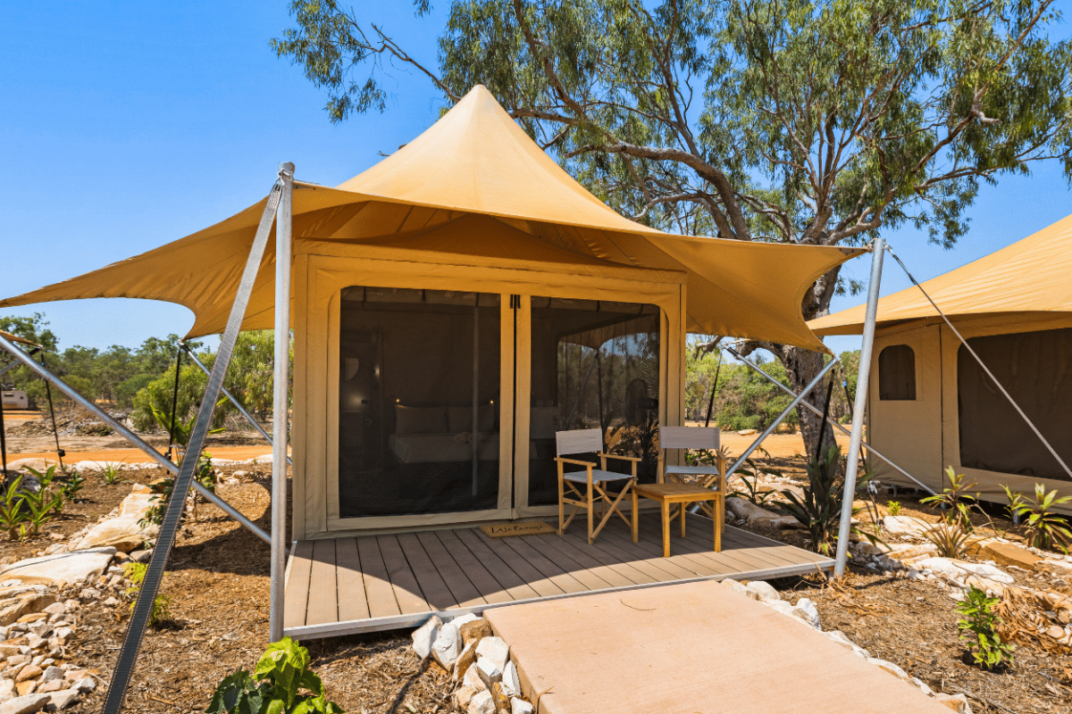 Set in the Pearler's Village is an erected Pearler's Village Eco Tent that houses an ensuite, and a queen size bed.