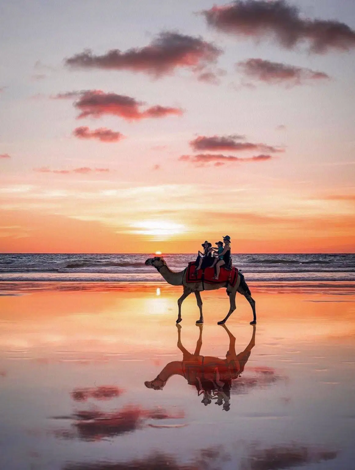 A family sit on top of a camel, walking across Broome's beautiful Cable Beach while admiring the sunset.