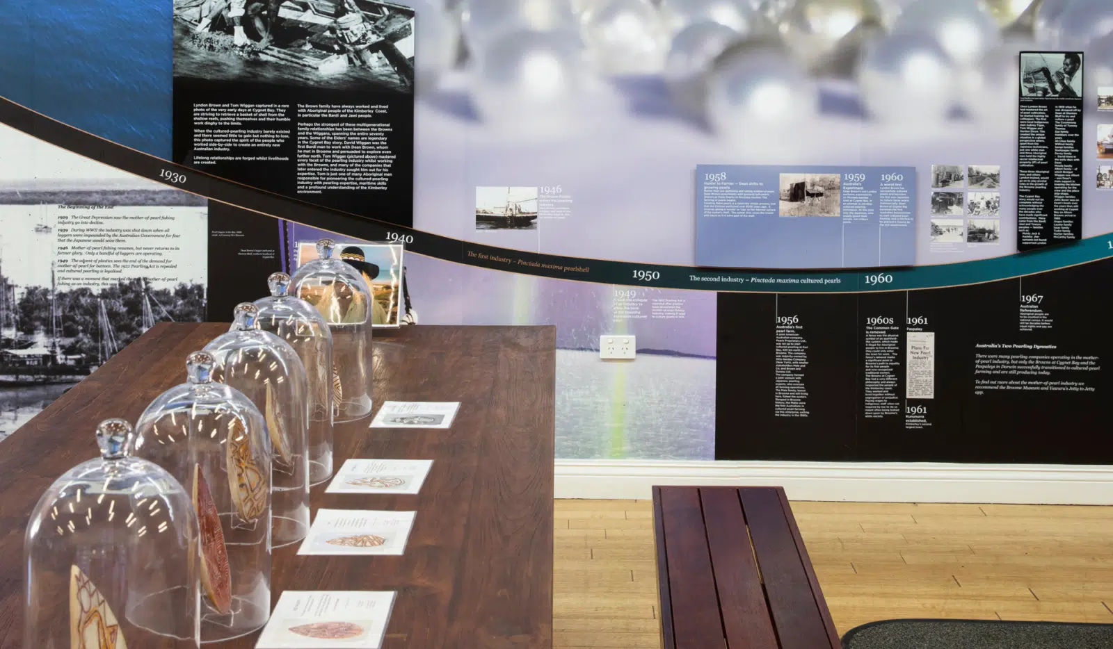 A line of Riji, traditional etched Mother of Pearl shells created by Bardi Jawi individuals, are lined up along a wooden table with their descriptions, each unique as per each unique etching, sitting in front of them . Behind the table is a wall that explains the pearling history of not our Cygnet Bay Pearl Farm, but Broome's Pearling history as well. In frame are significant dates spanning from 1930 to 1960, with milestones from each year outlined in-between with text and historical images. Broome Tours.