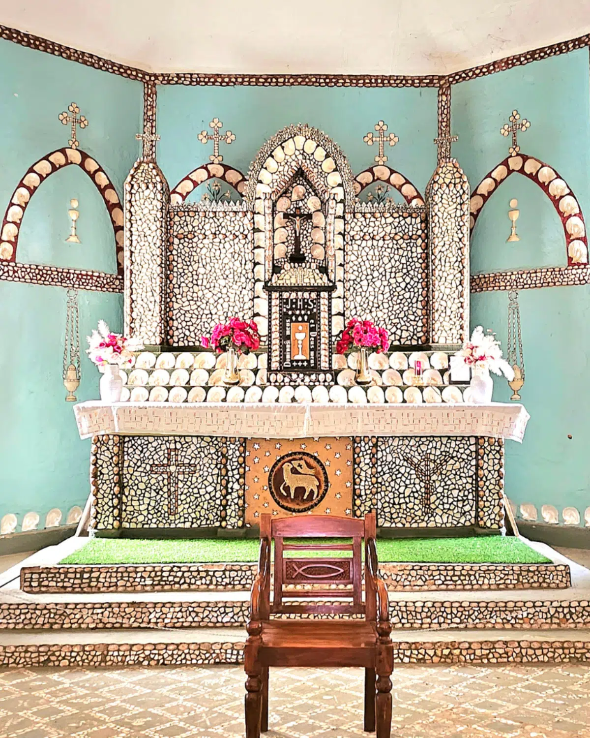 The beautiful interior of Beagle Bay Church, also known as the Mother of Pearl Church, is a sight to behold. With multiple alters comrpised of Mother of Pearl shell around the church, as well as decorating the trimmings of walls, arches resembling the windows on the ways - visiting this unique church is a must as a traveller to Cygnet Bay Pearl Farm or the Beagle Bay community.