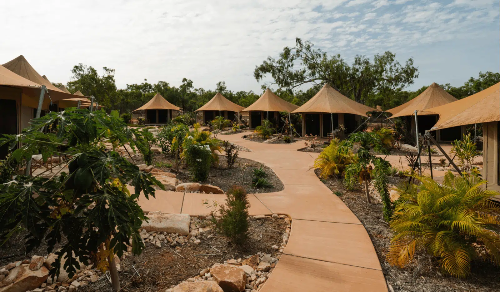 Set in the Pearler's Village is an erected Pearler's Village Eco Tent that houses an ensuite, and a queen size bed.